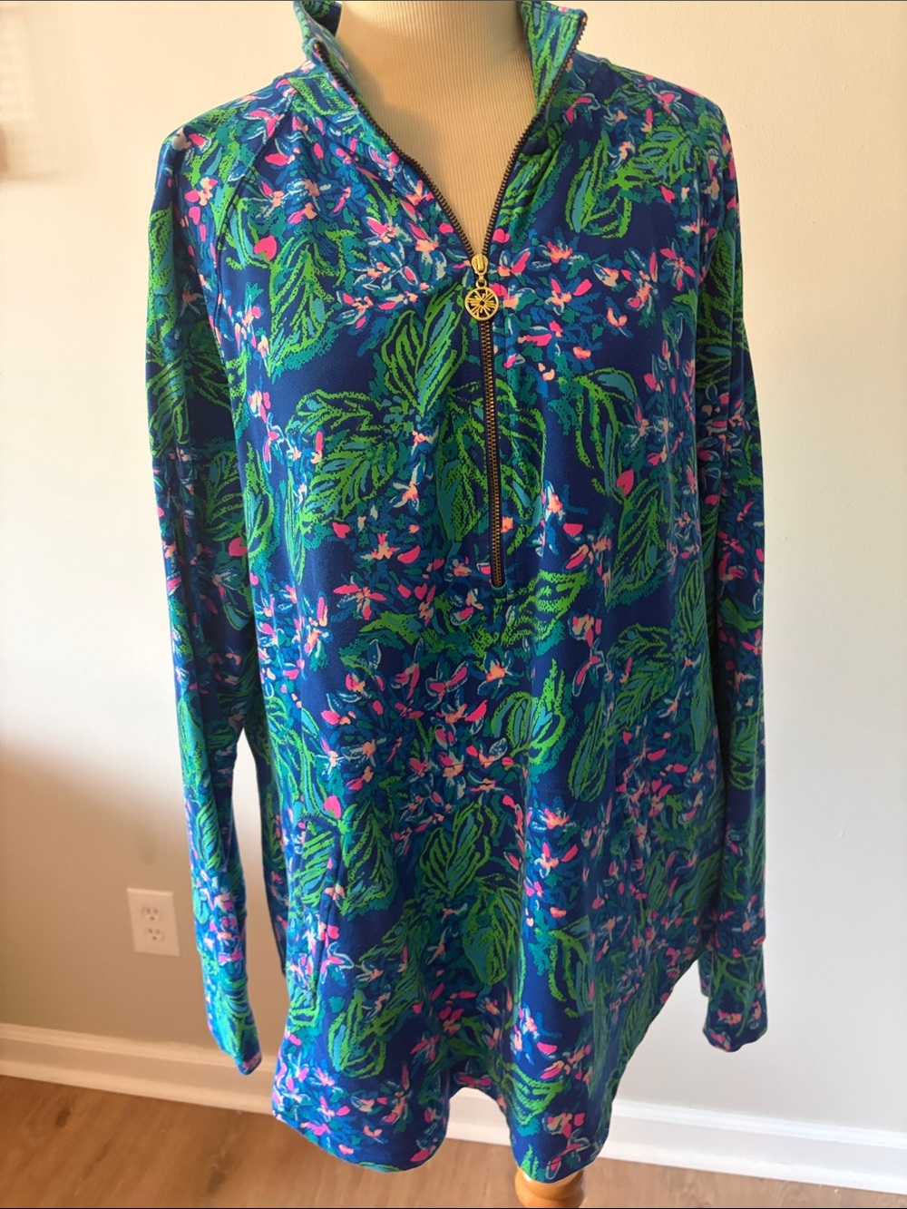 Lilly Pulitzer Blue Green Pink Leaf-Print Half-Zip Top